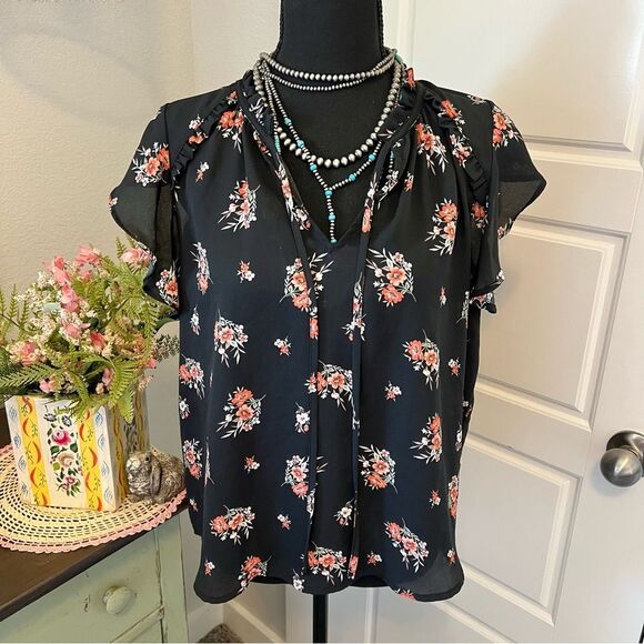 Papaya Black Coral Floral Flutter Sleeve Ruffle V Neck Blouse Sz M Preppy Girly - Picture 1 of 9